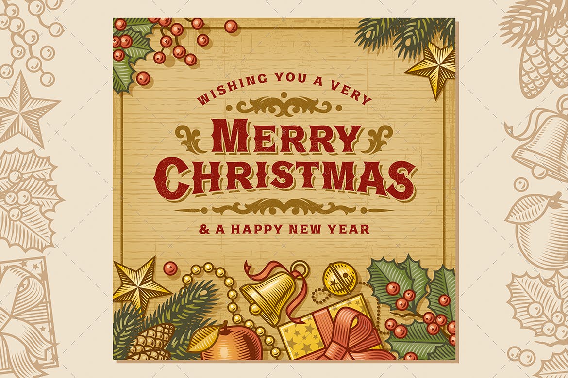 复古设计风格圣诞节主题贺卡矢量设计模板 Merry Christmas Vintage Card插图