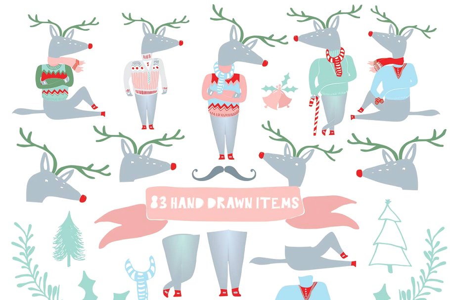 圣诞节手绘插画设计素材 Merry and Bright Christmas Clipart插图(1)