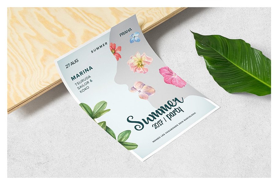 夏日水彩植物动物矢量图形+水彩花卉纹理 Summer Watercolor Motives Set插图(5)