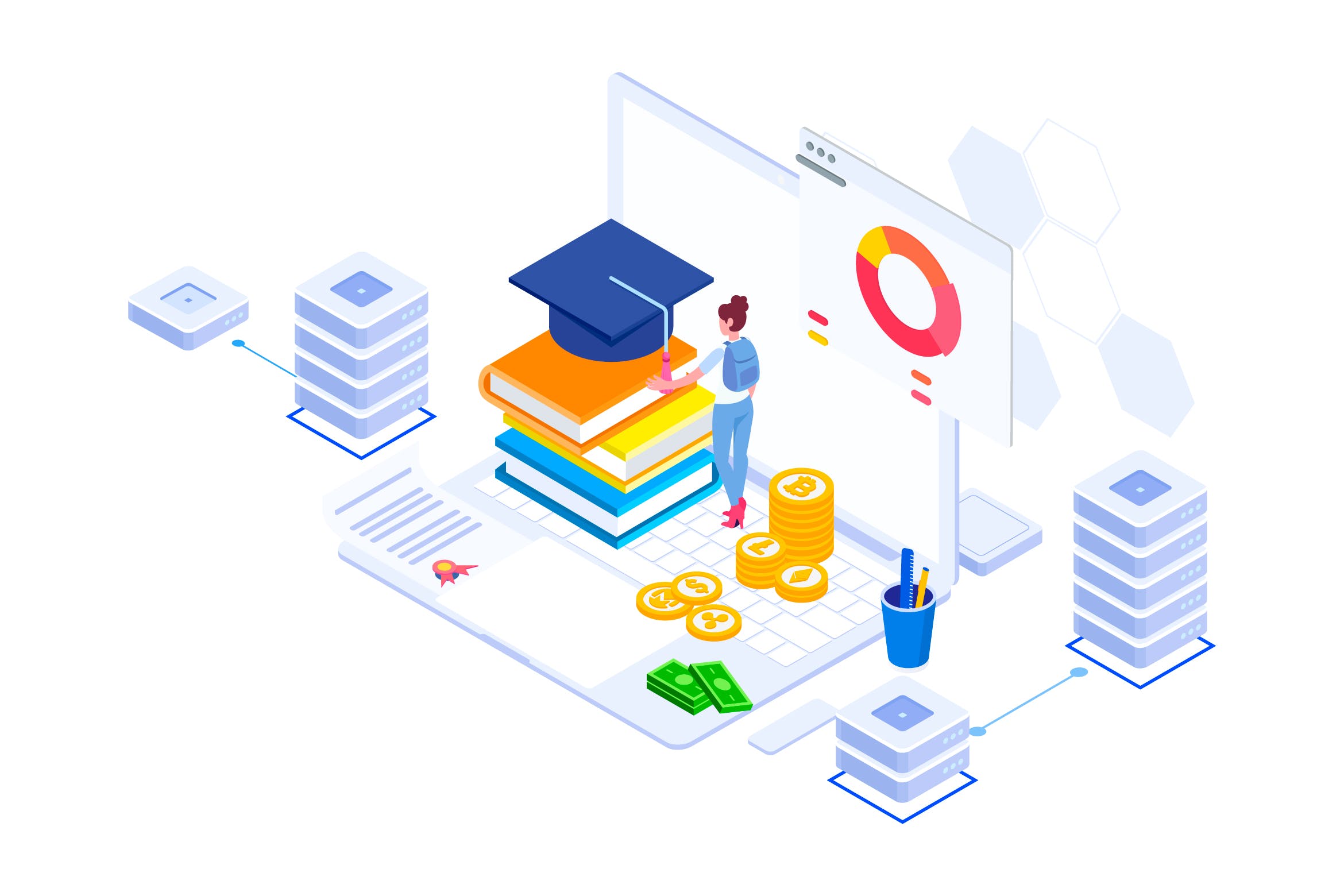 教育基金区块链平台矢量等距概念插画 Education Fund Blockchain Platform Isometric – FV插图