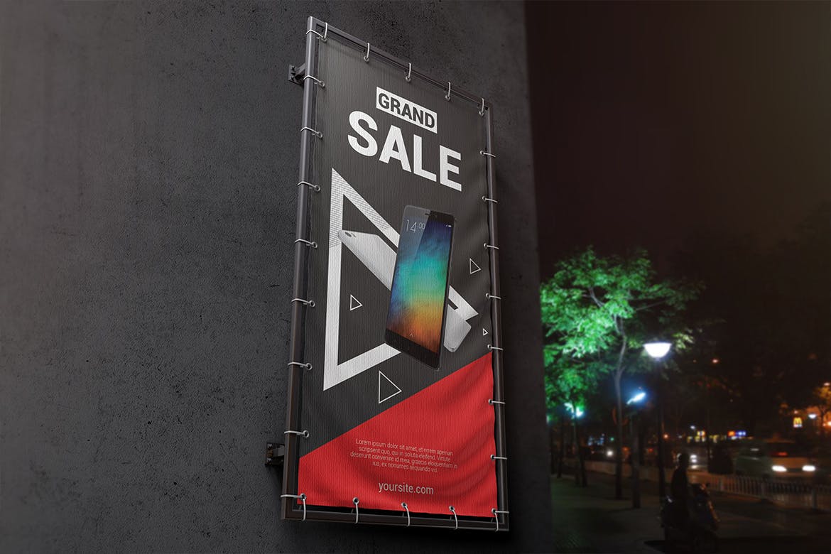 垂直户外广告横幅设计图样机模板 Vertical Outdoor Advertising Banner Mockup插图(1)