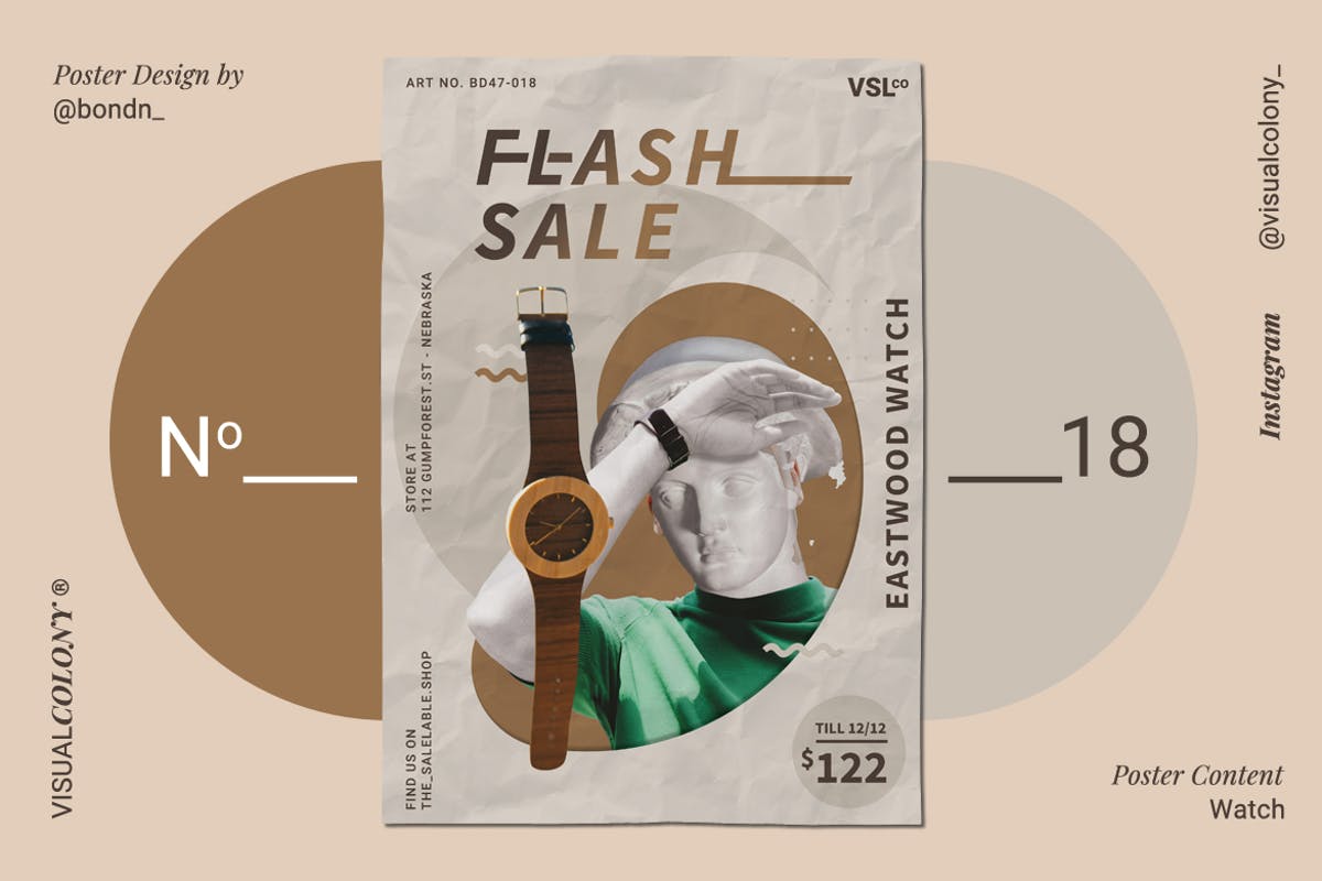 手表单品优惠促销海报设计模板 Wood Watch Poster插图