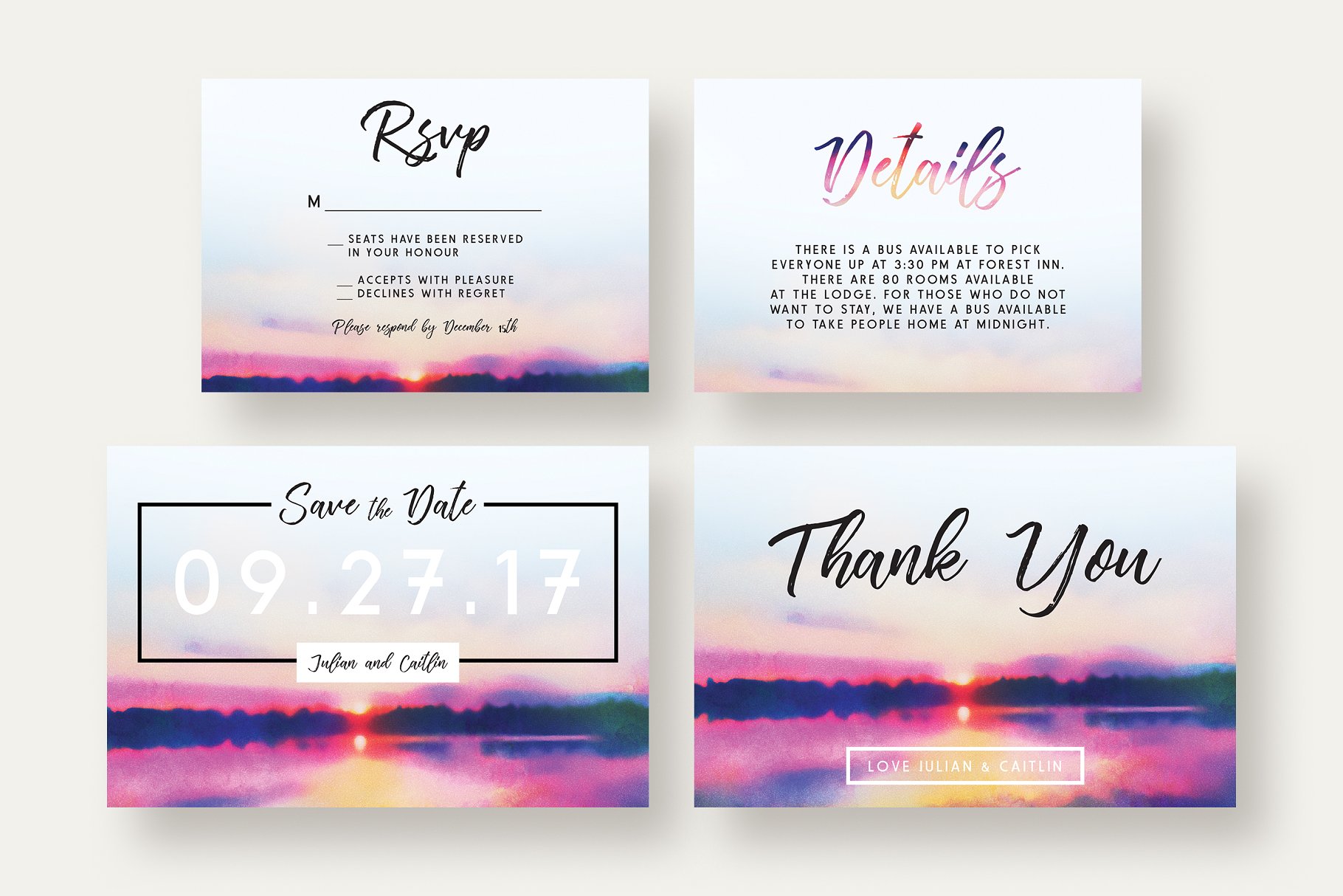 日落湖泊婚礼请柬套装 Sunset Lake Wedding Invitation Suite插图(2)
