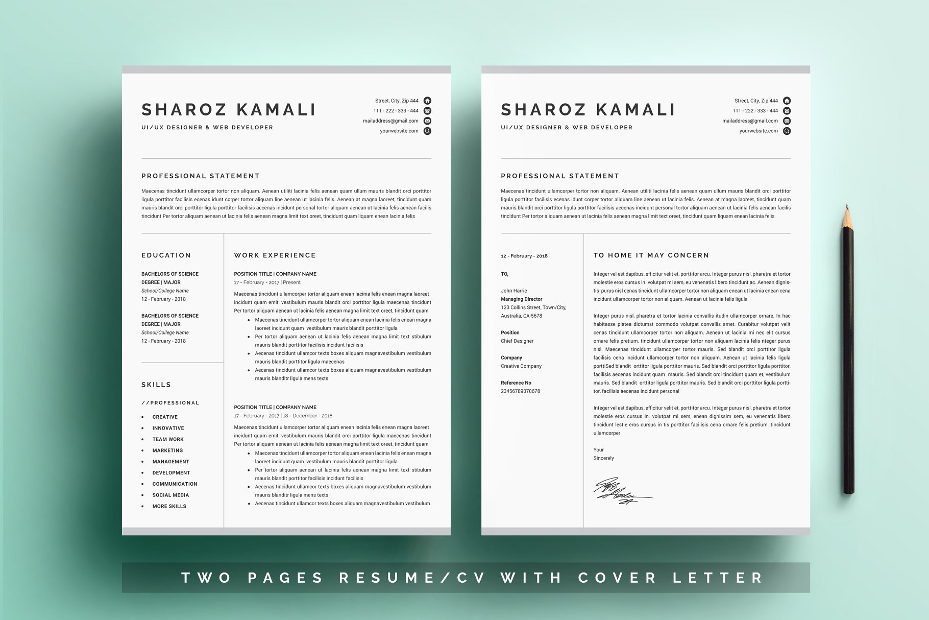 一份4页清爽明了的简历模板 Resume/CV Template 4 Pages Pack插图(3)