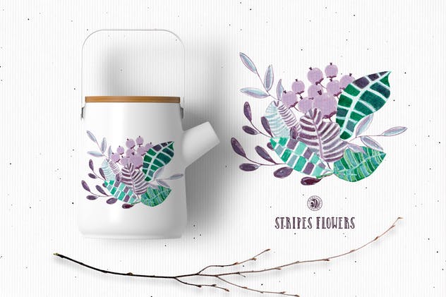 条纹手绘花卉水彩插画 Stripes Flowers插图(1)