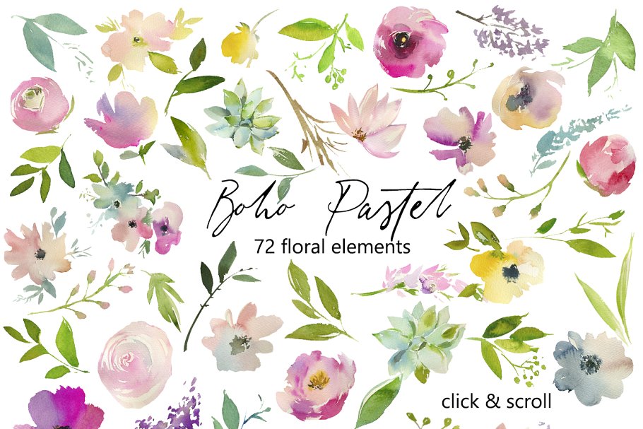 波希米亚式水粉花卉素材集 Boho Pastel Watercolor Flowers Set插图(9)