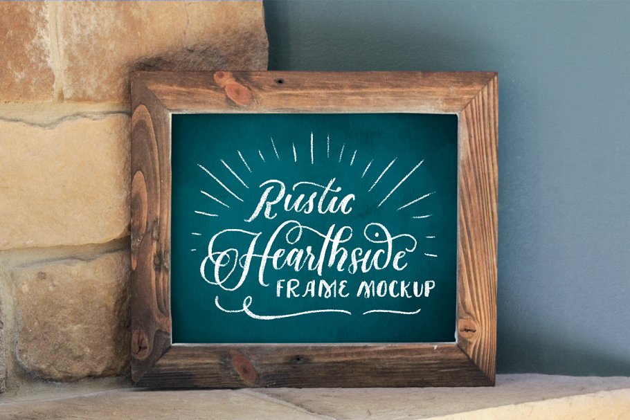 西式壁炉画框样机木板 8×10 Rustic Hearthside Frame Mockup插图