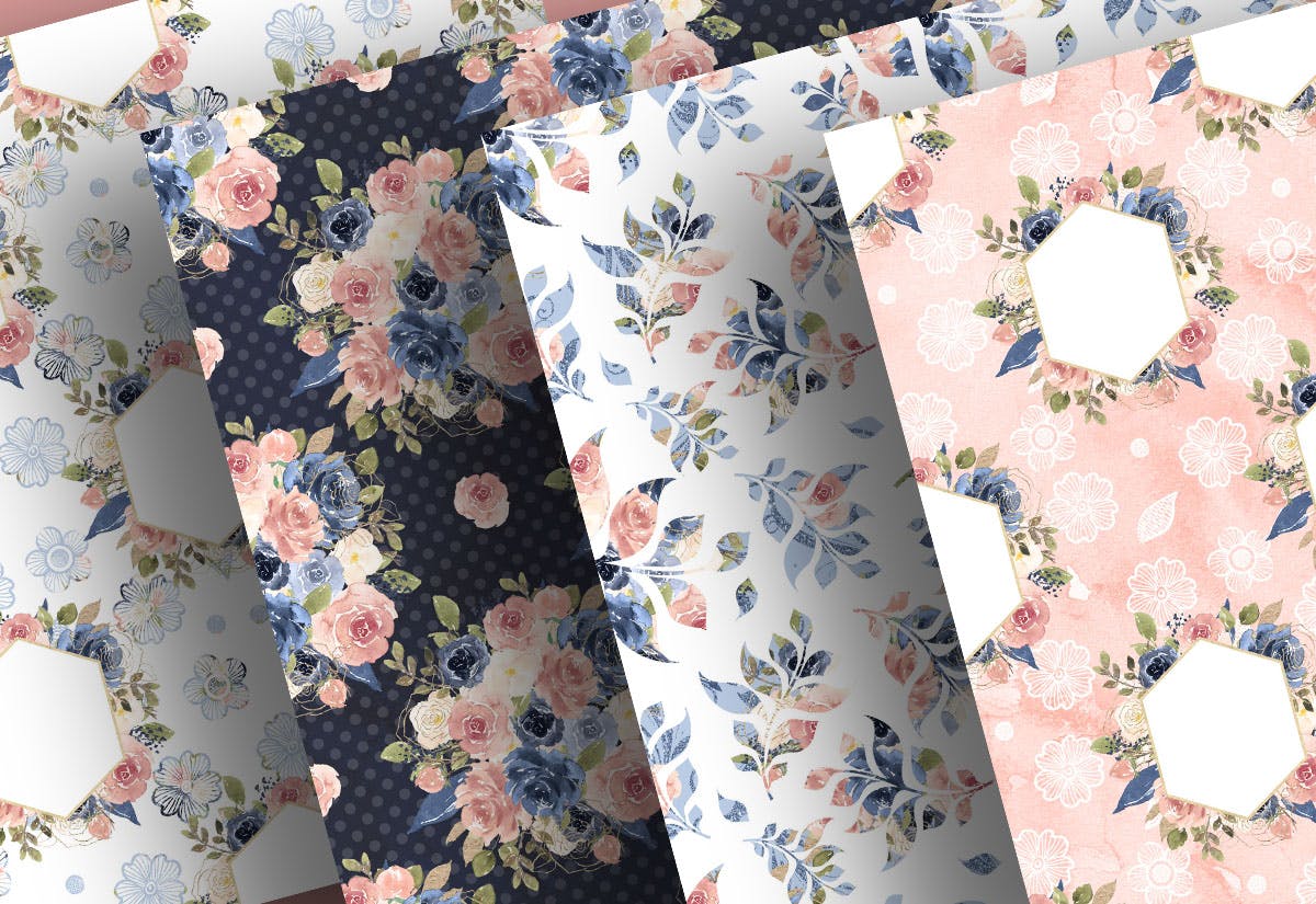 海军蓝和粉色水彩数码纸张设计素材 Watercolor Navy and Pink digital paper pack插图(3)