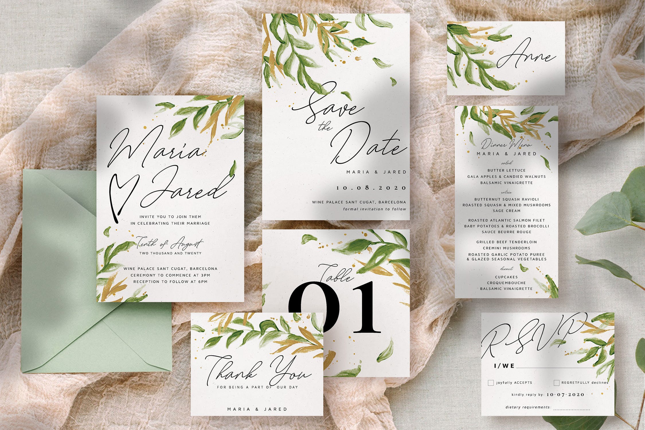 金绿色水彩手绘风格婚礼请柬邀请函设计模板 Gold Greenery Wedding Invitation Suite插图(1)