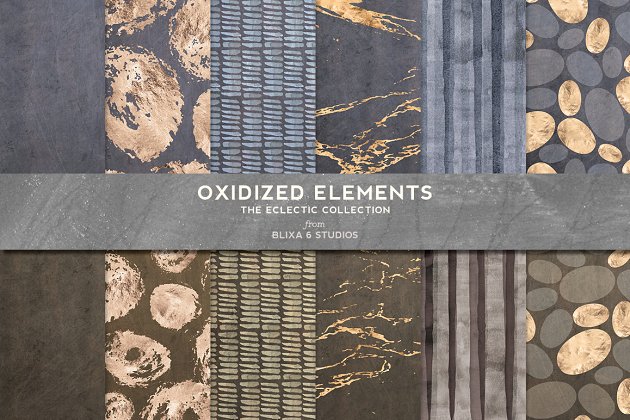 玫瑰金大理石，卵石和手绘水彩画笔触图案纹理 Oxidized Elements Gold & Watercolor插图