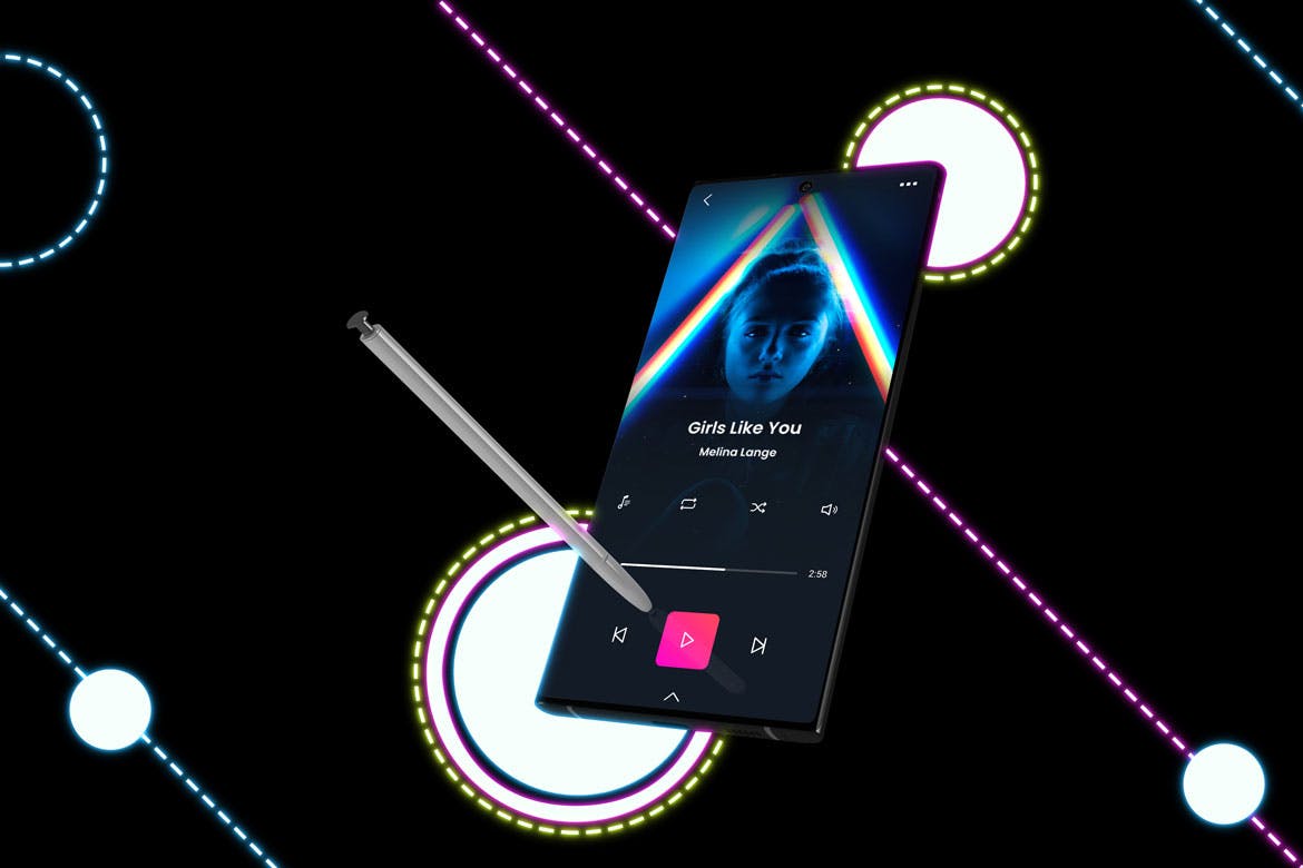 酷黑背景三星智能手机Note 10多角度屏幕预览样机模板 Neon Note 10 MockUp插图(5)