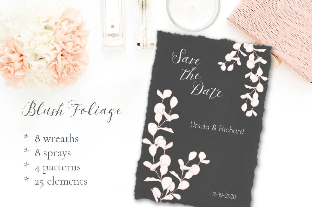 腮红色水彩手绘叶子图案剪贴画PNG素材 Blush Foliage Clip Art Bundle插图(1)