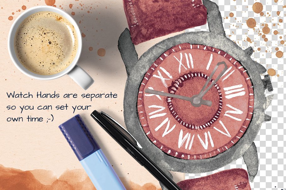 5款精心手绘水彩手表插画 5 watercolor watches插图(2)