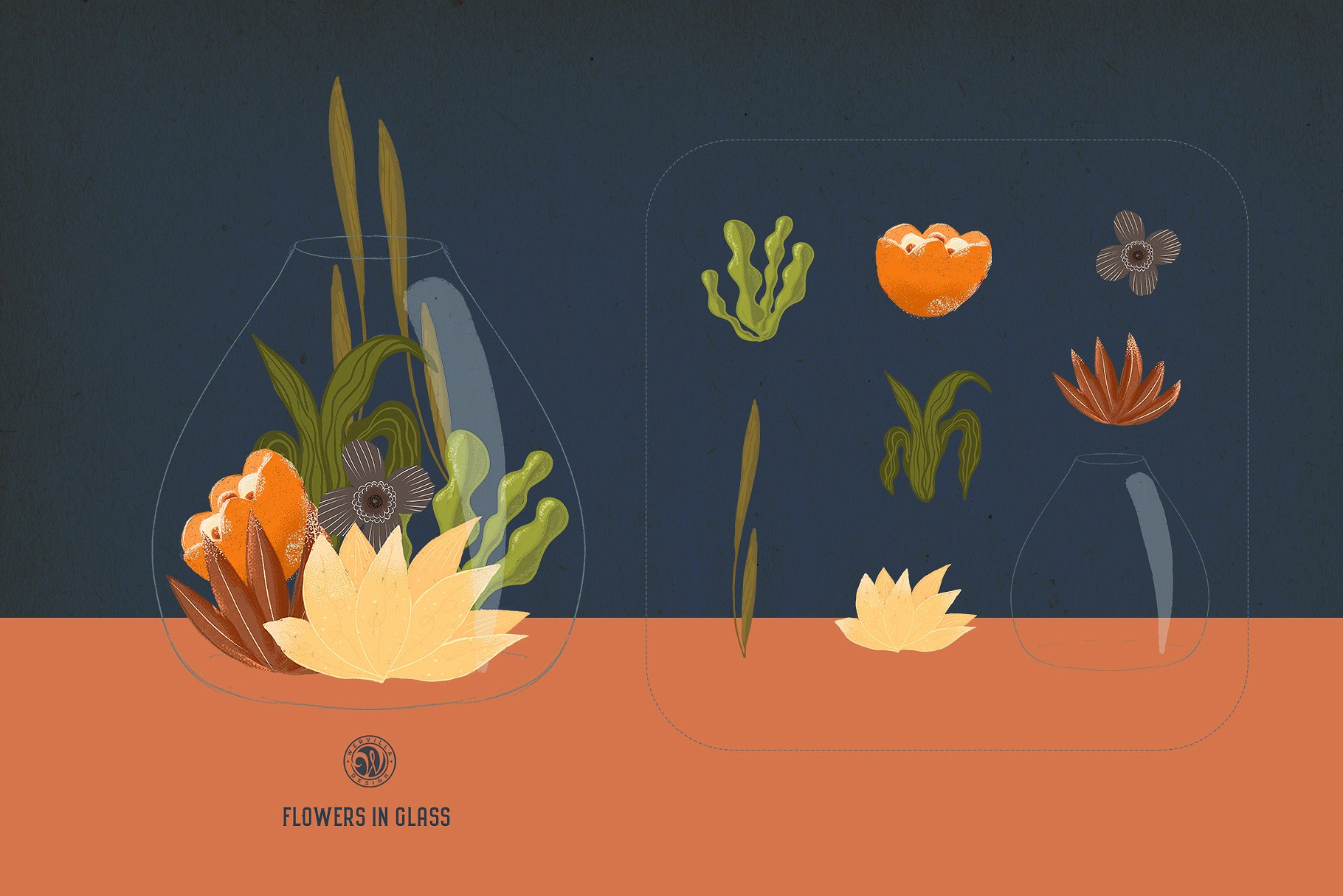 时尚逼真花卉玻璃罐插画艺术 Flowers in Glass插图(1)