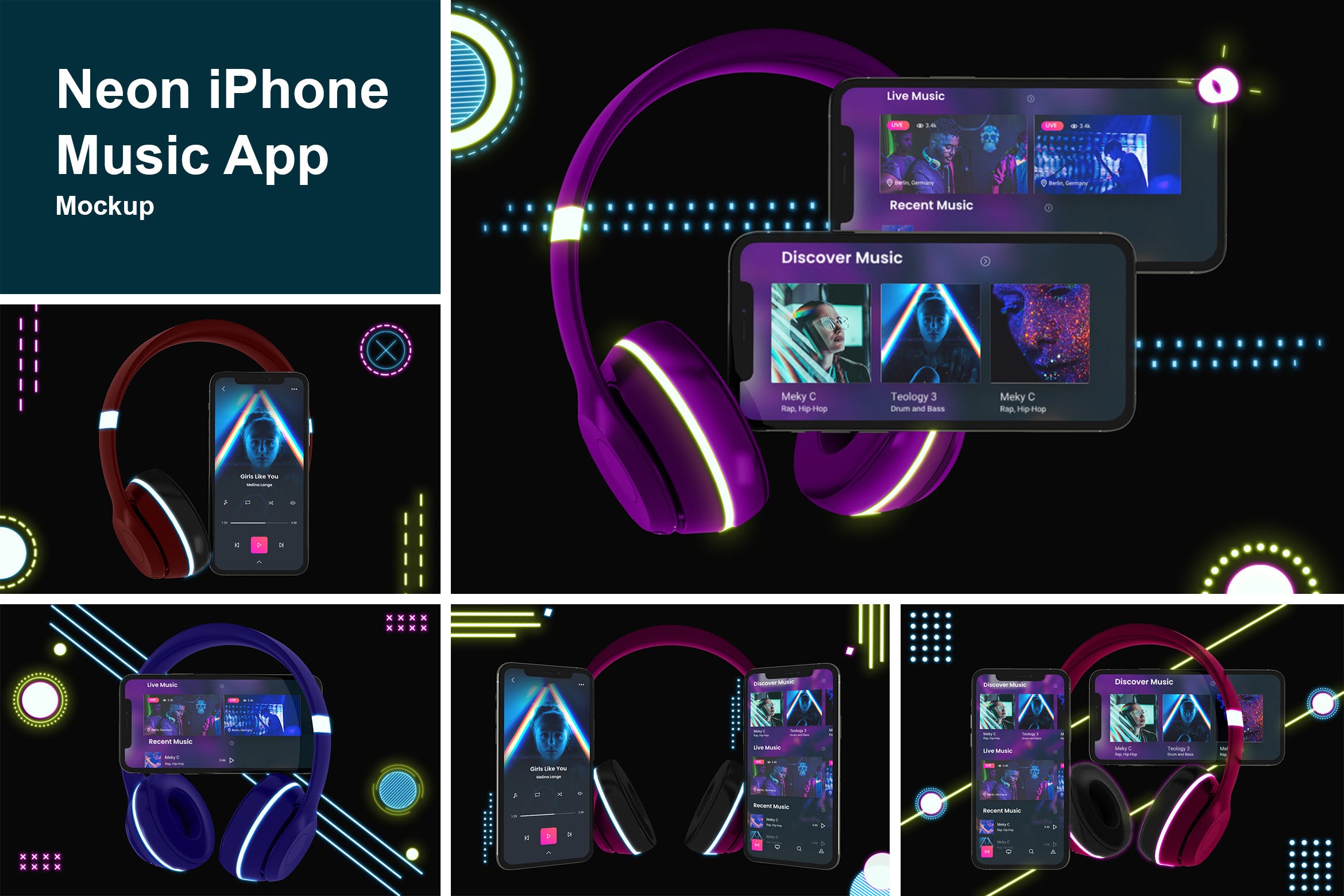 霓虹灯设计风格iPhone手机音乐APP应用UI设计图素材库精选样机 Neon iPhone Music App Mockup插图