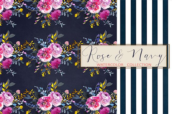 紫色海军风花卉间条纹理 Purple & Navy Floral Stripped Paper插图(6)