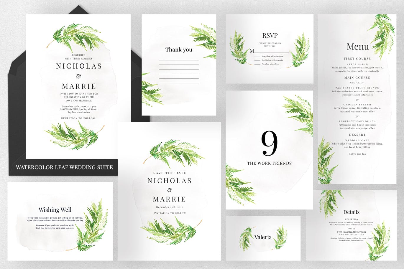 水彩叶子手绘图案婚礼邀请设计套件 Watercolor Leaf Wedding Suite插图