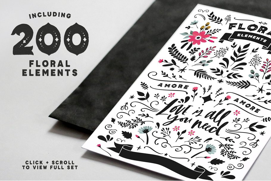 装饰英文字体+超过200手绘花卉装饰图形元素 Ciao Amore Decorative Font Kit插图(2)