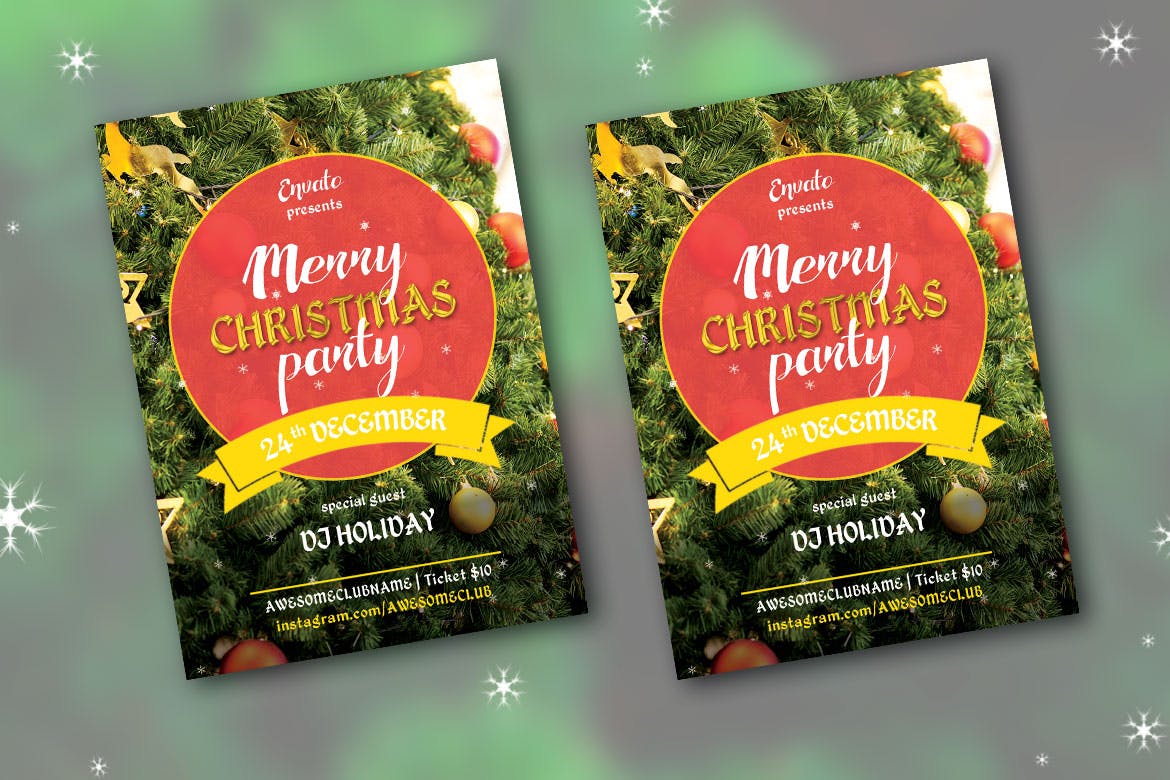 圣诞树背景圣诞节主题传单版式设计模板 Merry Cristmas Party Flyer插图(1)