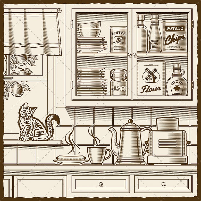 美式复古厨房单色矢量插画素材库精选素材 Retro Kitchen. One Color插图(1)