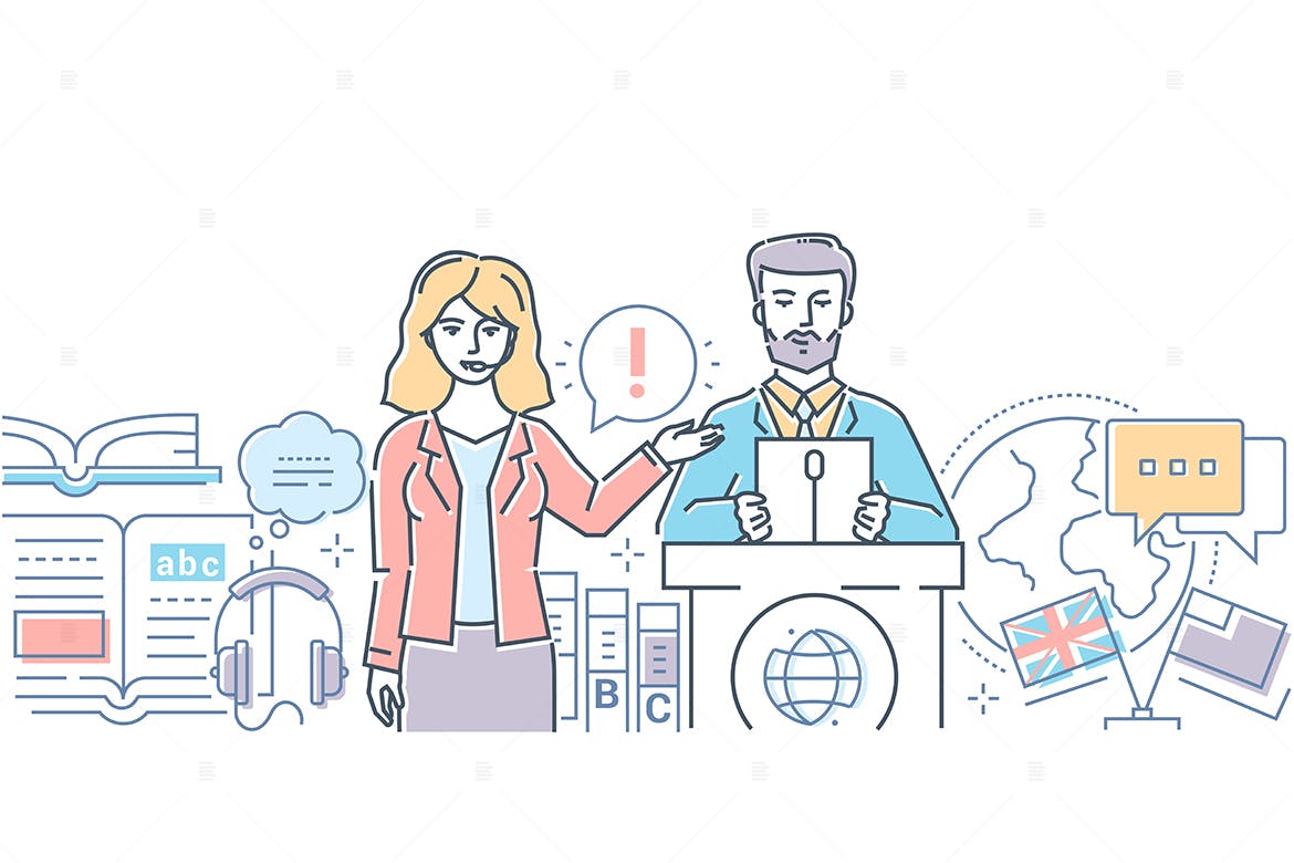 现场翻译主题线条设计风格矢量插画素材库精选 Translation – modern line design style web banner插图(1)