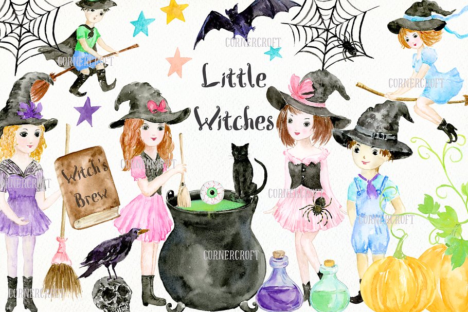 水彩小女巫设计套装 Watercolor Little Witch Design Kit插图(1)