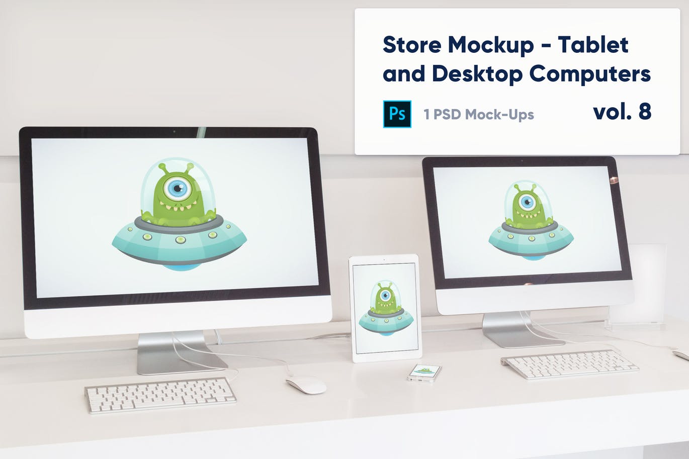 零售店展柜一体机电脑/平板电脑/手机屏幕预览素材库精选样机v8 Desktop Computers, Tablet and Phone Mockup插图