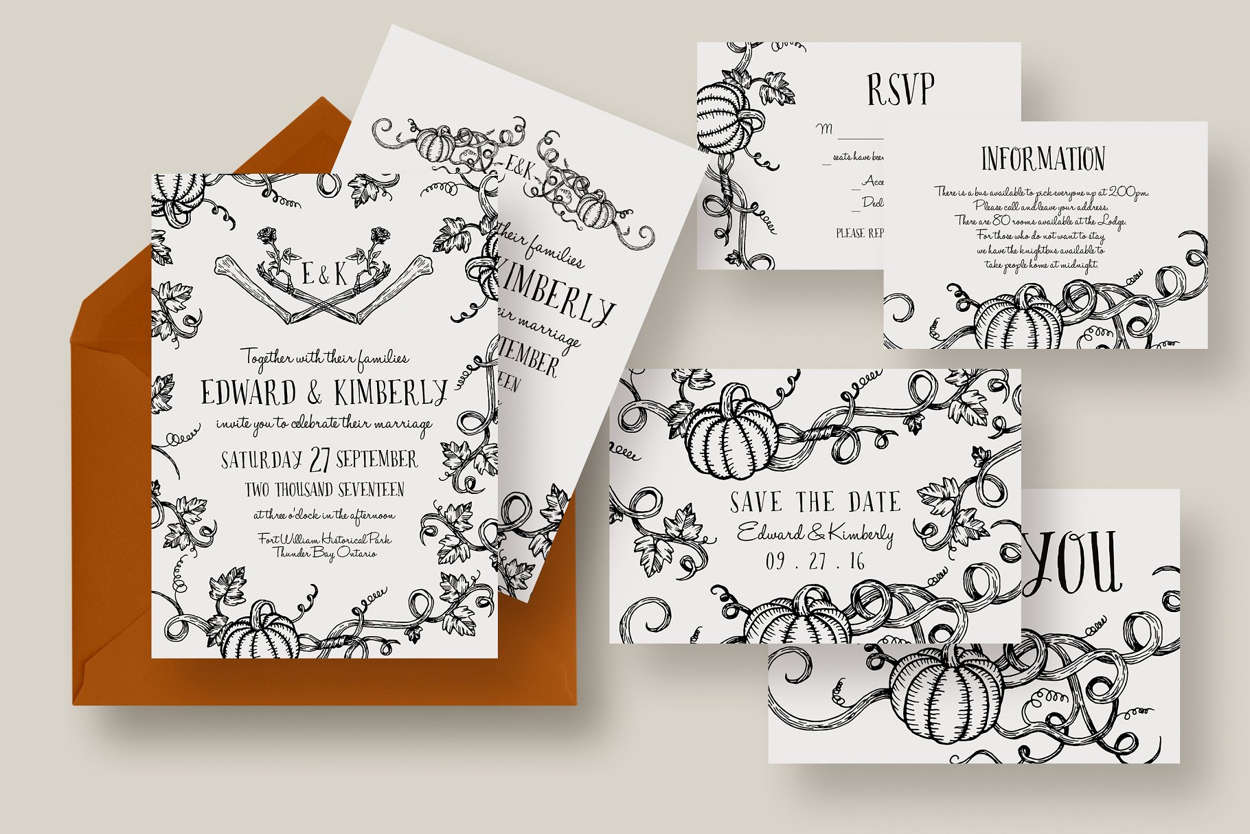 万圣节南瓜婚礼邀请函模板套装 Halloween Pumpkin Wedding Suite插图(5)