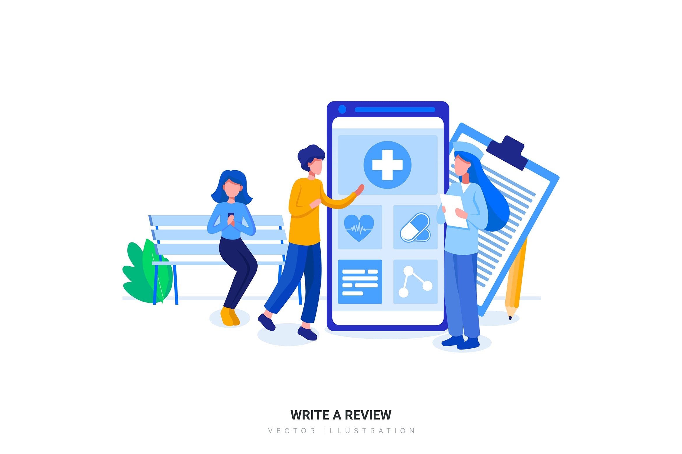 评论评价业务场景扁平化矢量插画素材 Write a review Flat Illustration concept插图