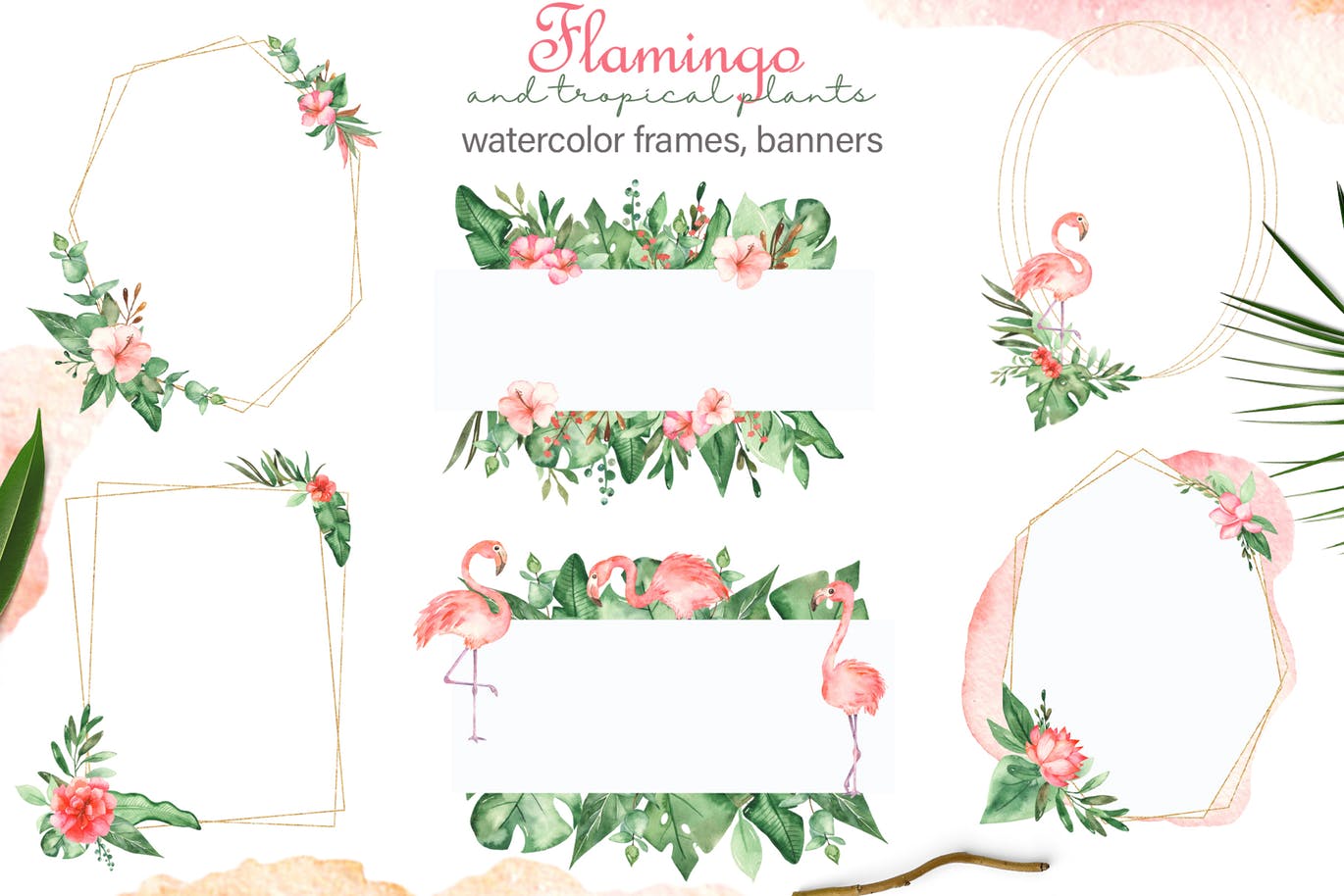 火烈鸟＆热带植物水彩插画素材 Watercolor flamingos and tropical plants插图(4)