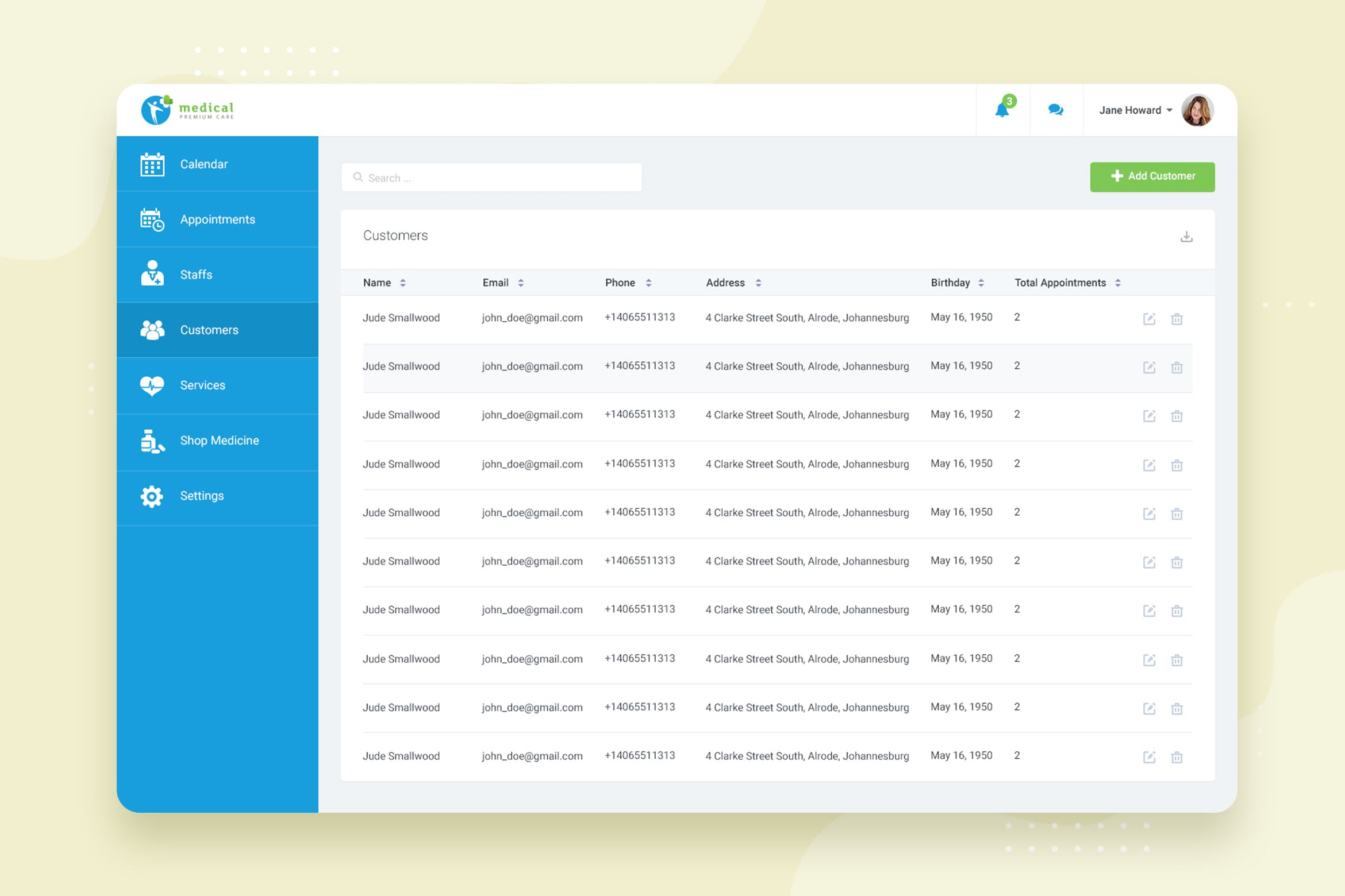 互联网+医院CRM系统后台病患人员管理界面UI设计PSD模板 Customers – CRM booking Web-based UI design插图