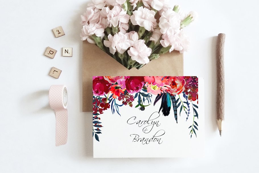 红色海军蓝波希米亚水彩花卉剪贴画 Red Navy Boho Watercolor Flowers插图(15)