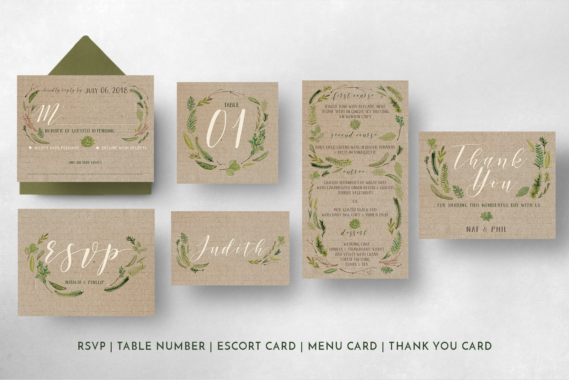 水彩叶子婚礼设计物料模板套装 Watercolor Foliage Wedding Suite插图(6)