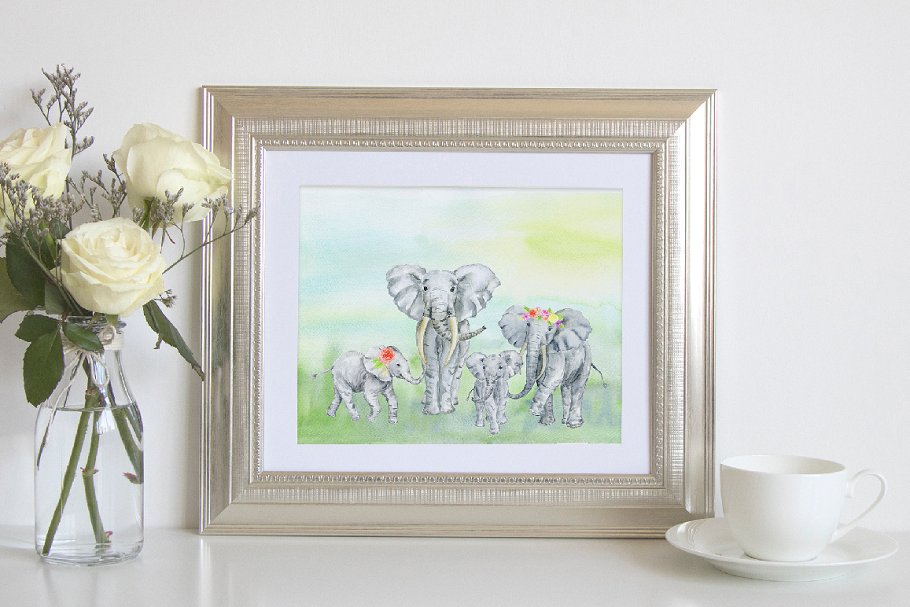 手绘灰白色大象插图 Watercolor Herd of Elephants插图(6)