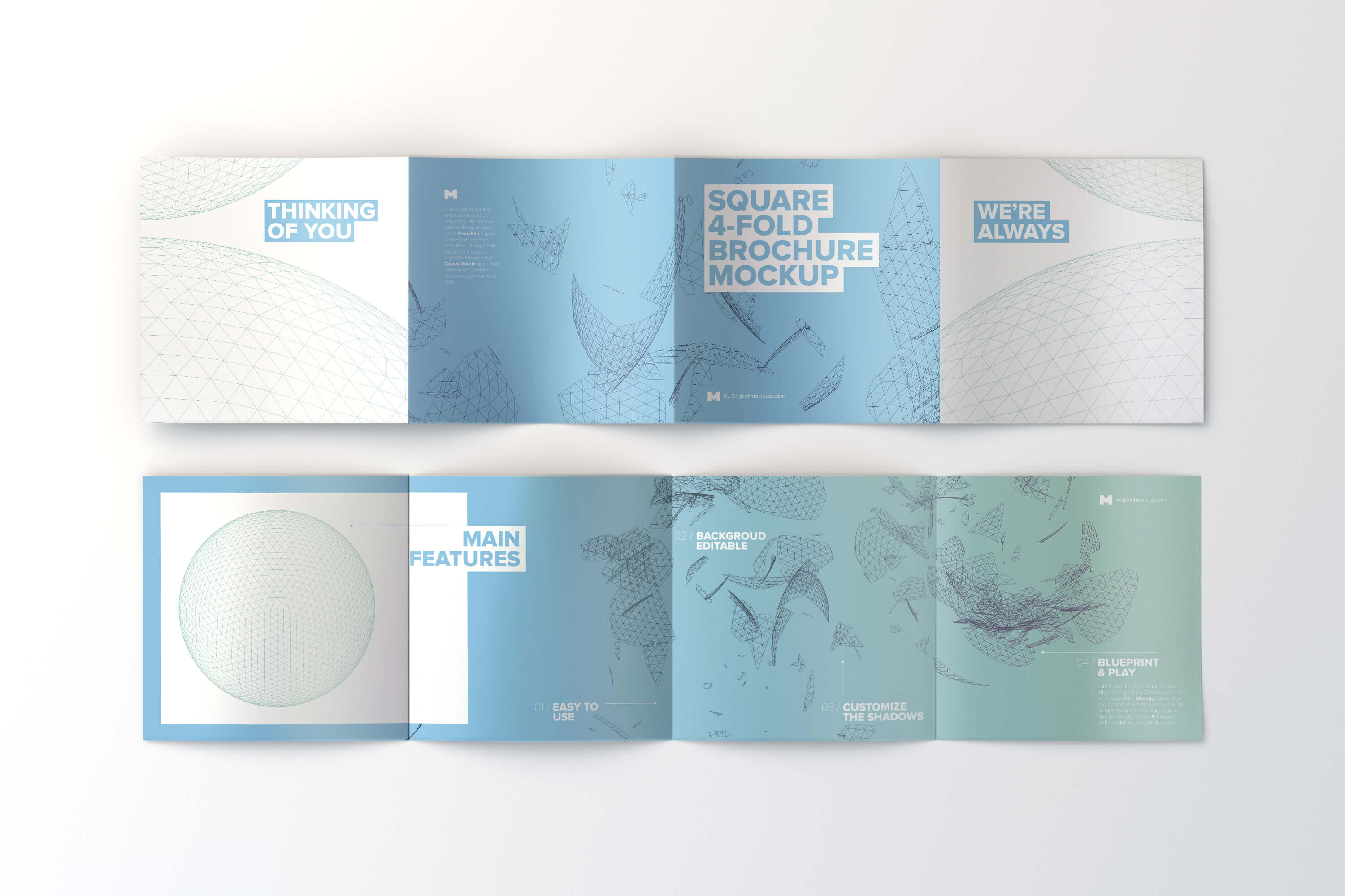 方形四折页企业传单/宣传册排版印刷效果图样机02 Spread Square 4-Fold Brochure Outside and Inside Mockup 02插图