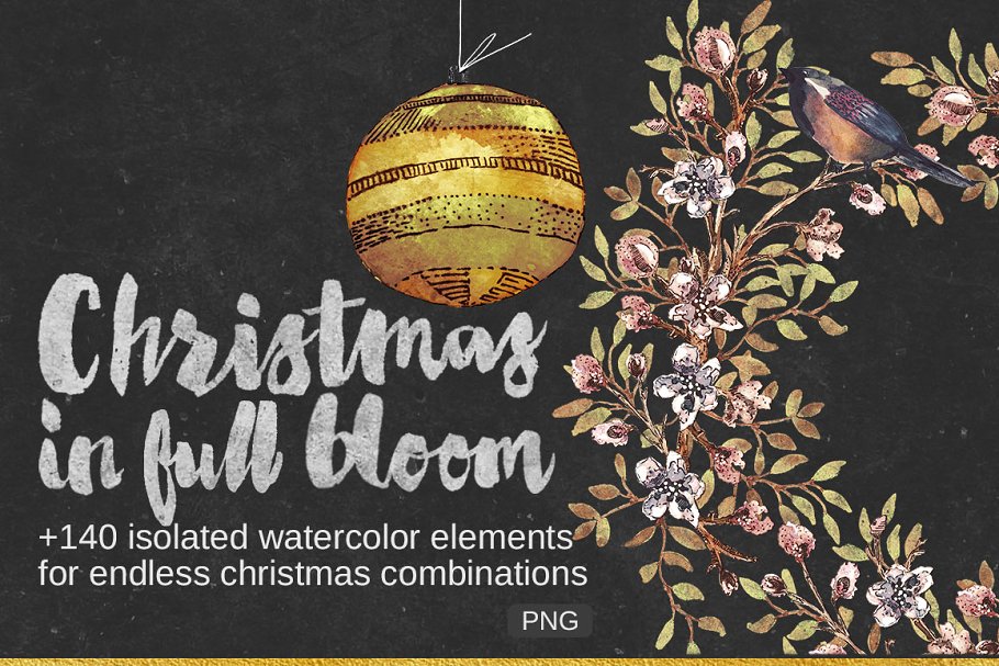 圣诞水彩&墨水装饰元素合集[1.89GB] Christmas in Full Bloom (Watercolor)插图