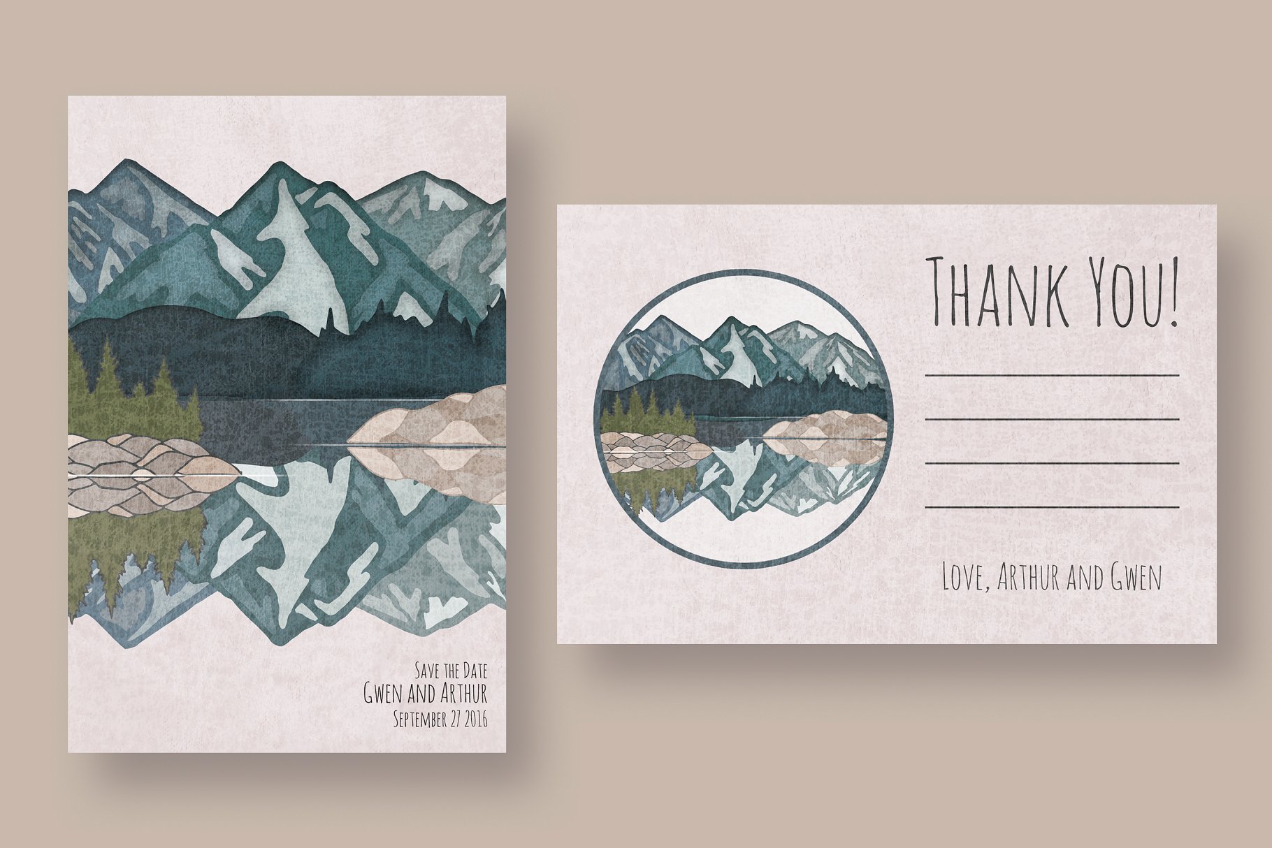 山水如画水彩婚礼设计物料模板 Mirror Lake Wedding Suite插图(3)