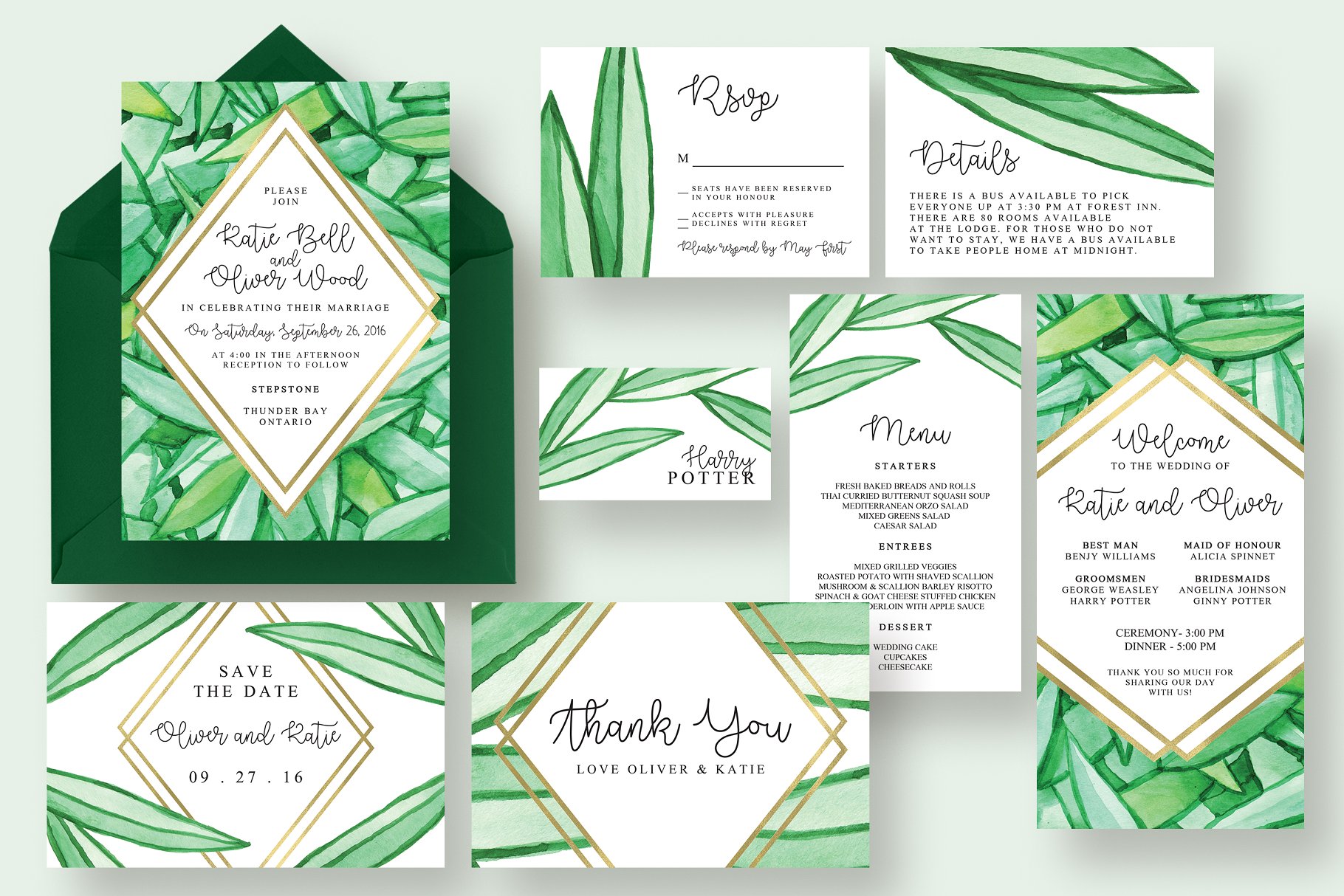 手绘植物图案婚礼邀请物料设计套件 Botanical Wedding Suite插图