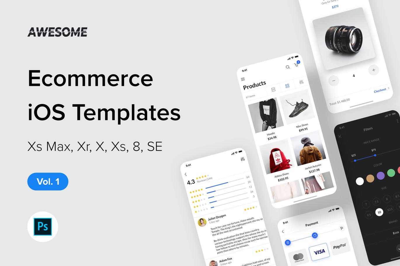 iOS手机网上商城应用UI设计套件PSD模板v1 Awesome iOS UI Kit – Ecommerce Vol. 1 (Photoshop)插图