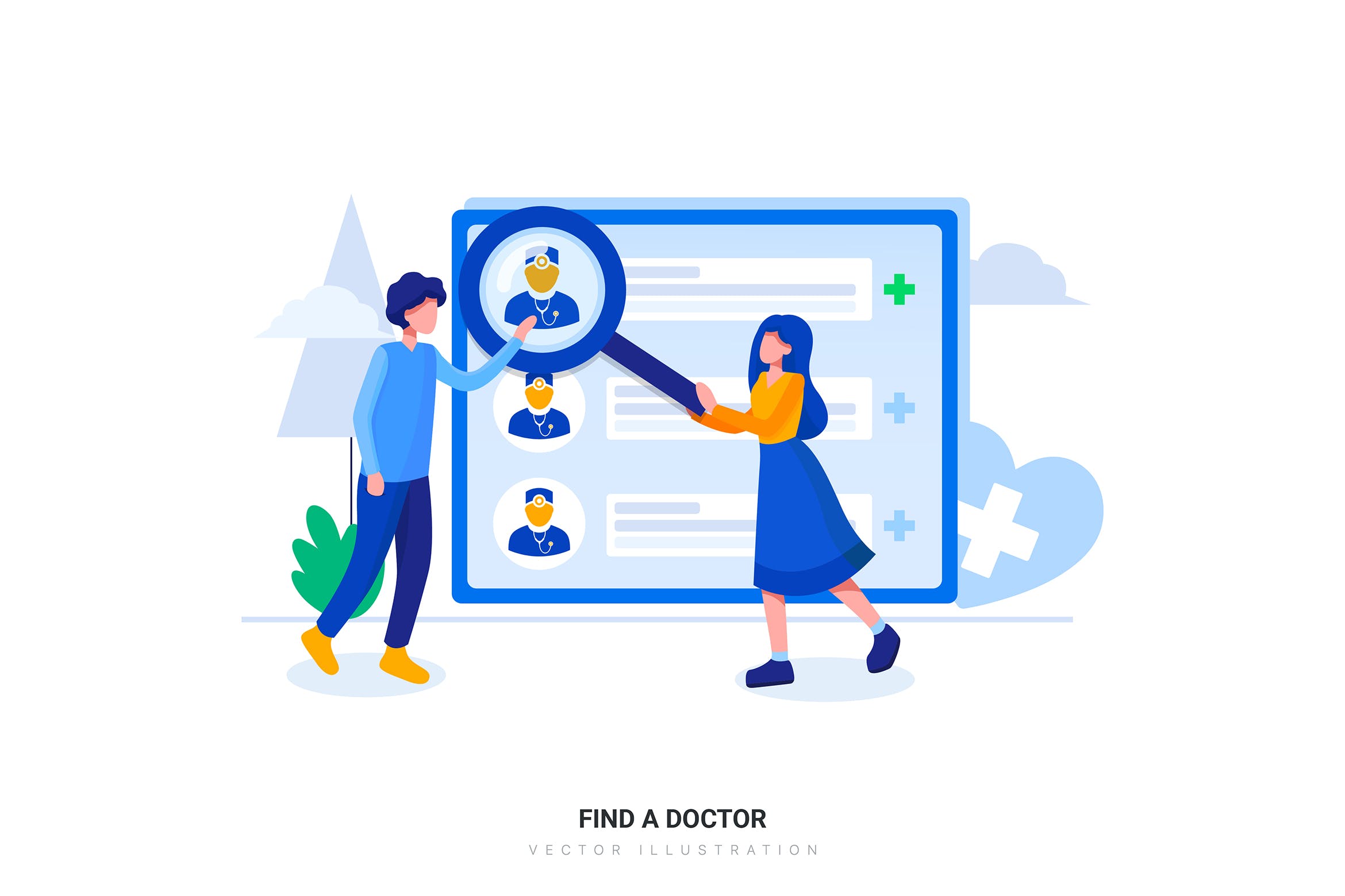 网上找医生业务场景扁平化矢量插画素材 Find a Doctor Flat Illustration concept插图