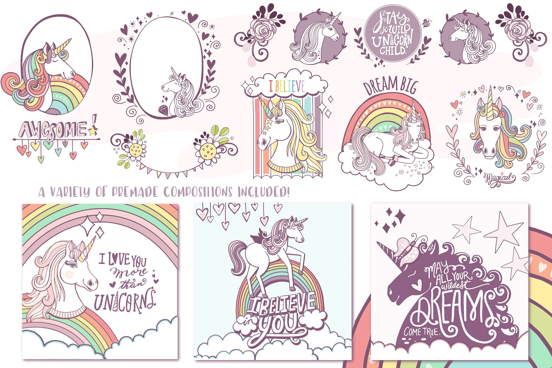 彩虹与独角兽梦幻世界插画元素 Rainbows & Unicorns插图(4)