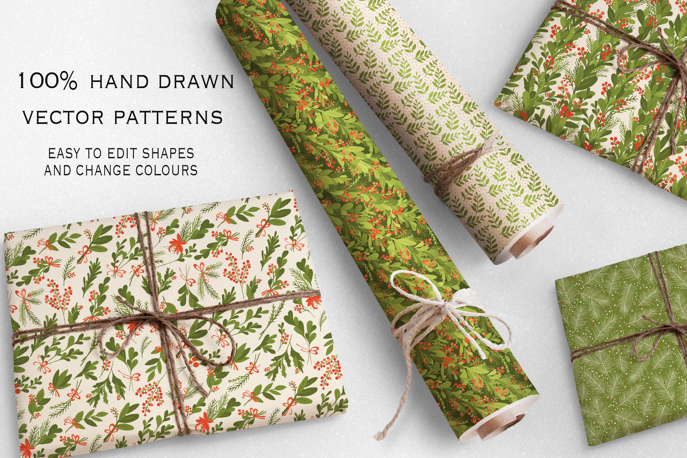 圣诞节主题绿色植物手绘图案背景素材 Green Christmas插图