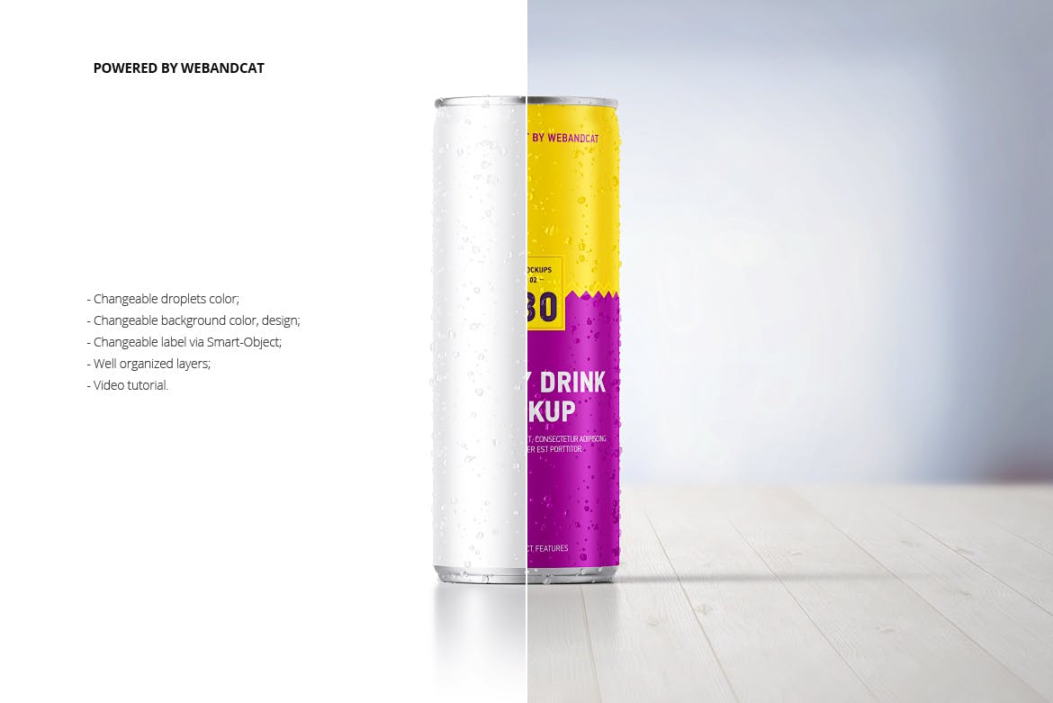 能量饮料罐头外观设计样机模板 Energy Drink Can Mock-up with Water Droplets插图(1)