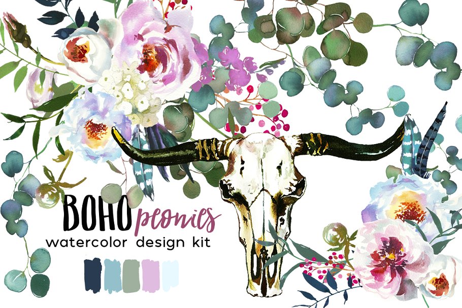 波西米亚风白色&粉色牡丹水彩剪贴画 Boho White Pink Peonies Watercolor插图