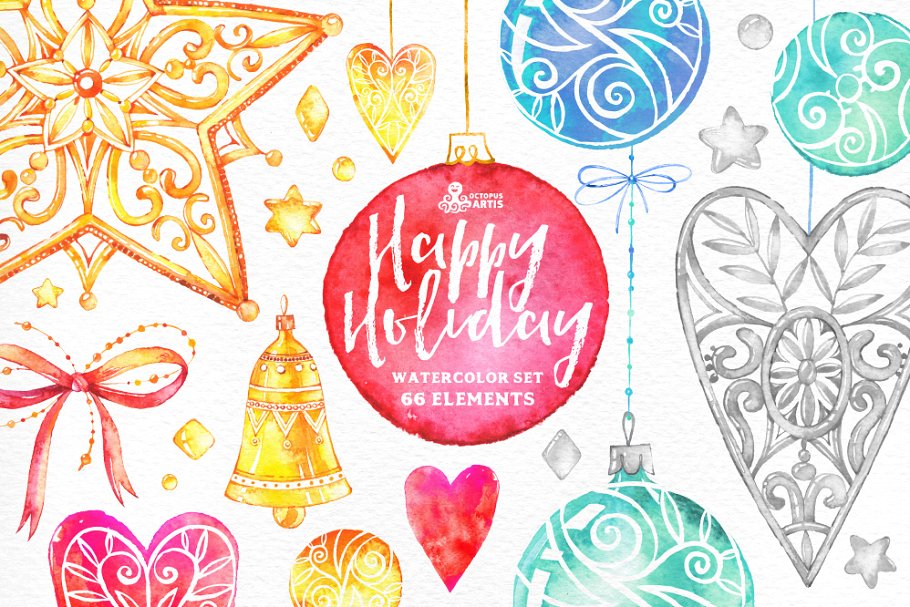 快乐节假日手绘水彩元素 Happy Holiday插图