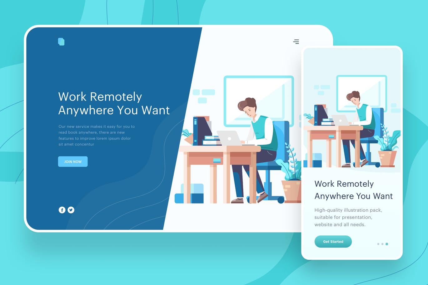 远程办公主题网站矢量插画设计素材 Work Remotely Anywhere – Website Header插图