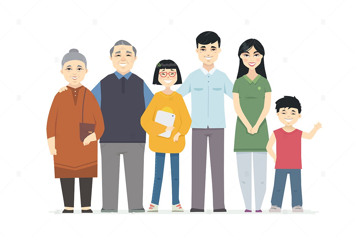 快乐中国家庭卡通人物矢量插画素材 Happy Chinese family – cartoon people characters插图
