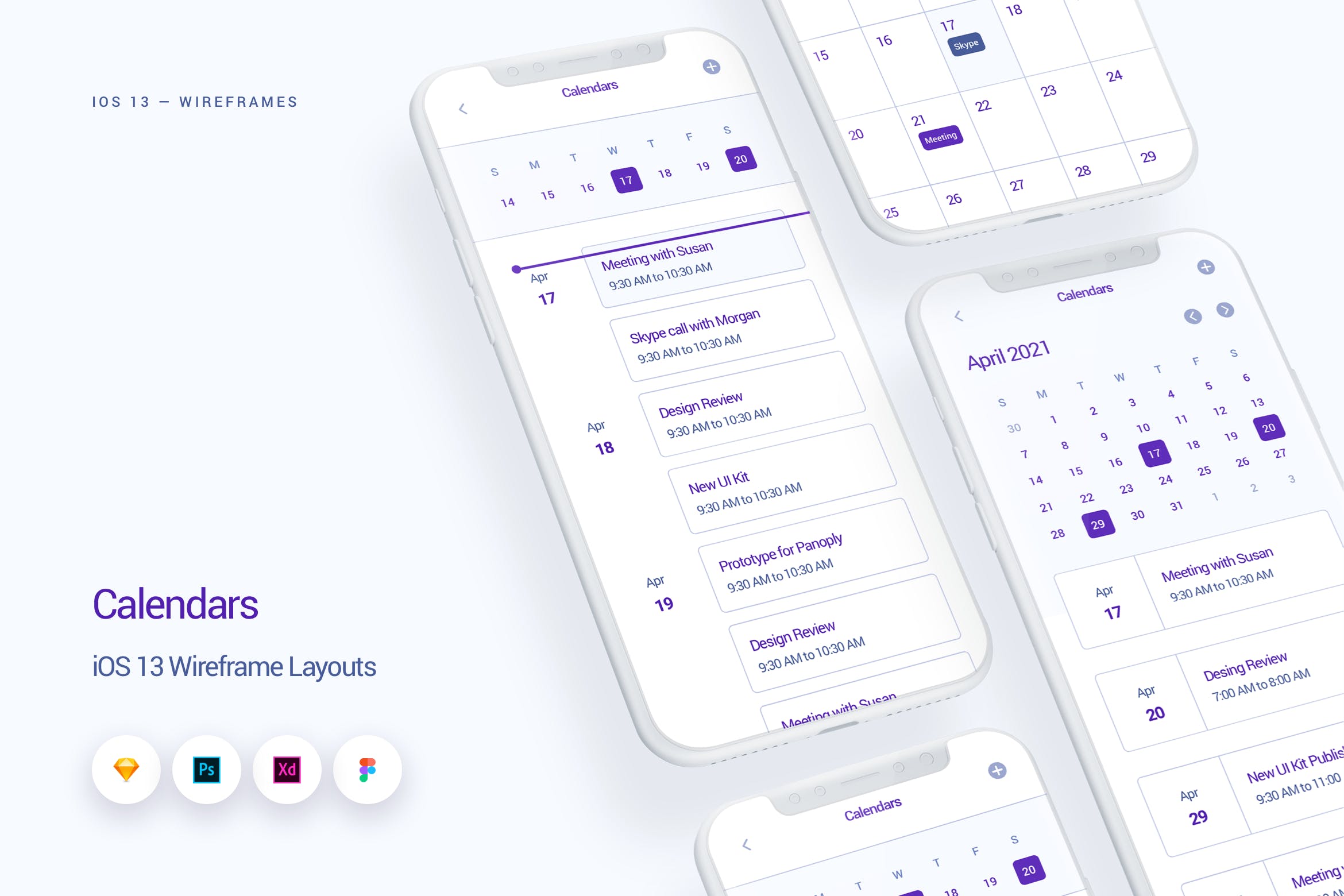 iOS13设计规范之日历APP应用UI设计线框图套件 Calendars – iOS 13 Wireframe Kit插图