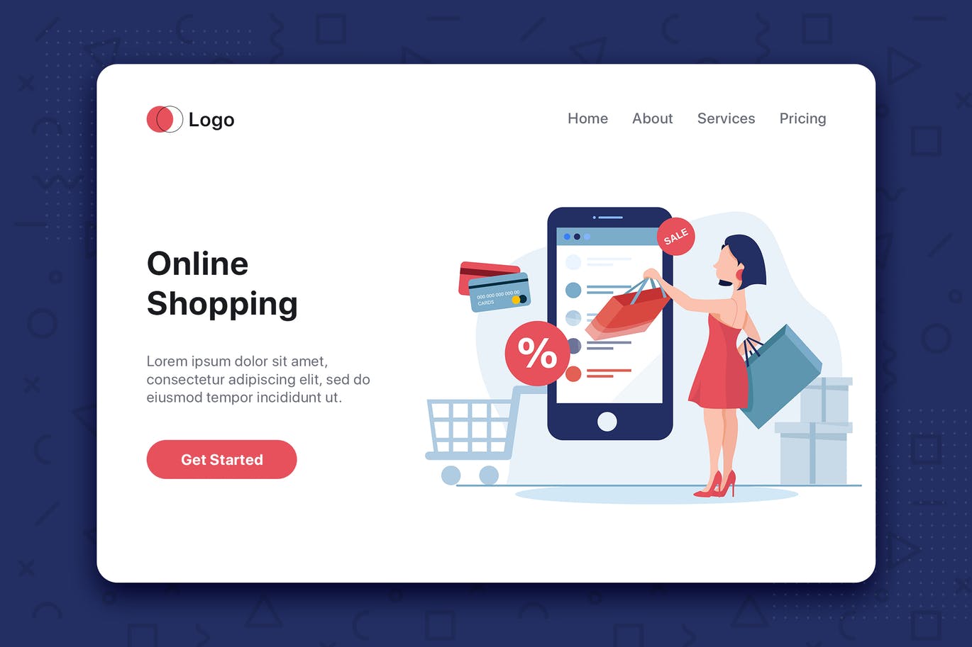 电子商务主题网站首页设计概念插画 Young woman shop online using smartphone插图