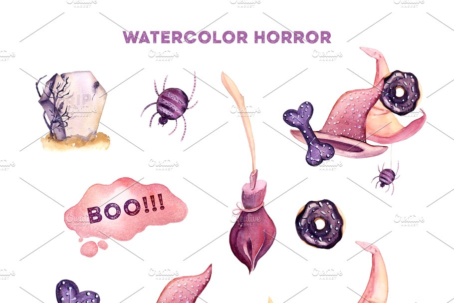 罪恶与万圣节水彩剪贴画素材 Watercolor Evil Scary Halloween插图(4)
